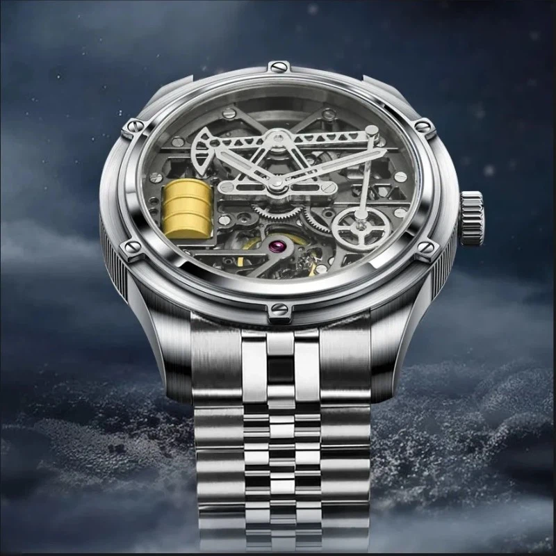 Custom Sapphire Skeleton Oil Well Design Men's Mechanical Wristwatch