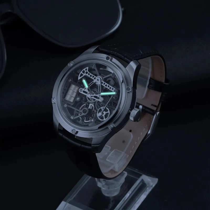 Custom Sapphire Skeleton Oil Well Design Men's Mechanical Wristwatch